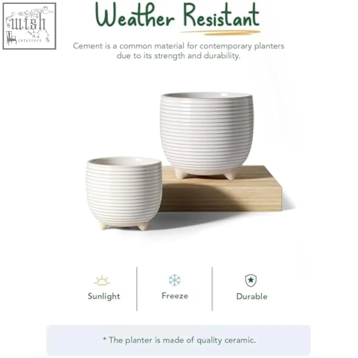 White ceramic plant pots with horizontal ribbed texture and footed bases perfect for indoor plants and office decor