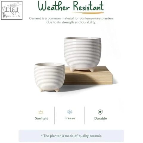 White ceramic plant pots with horizontal ribbed texture and footed bases perfect for indoor plants and office decor