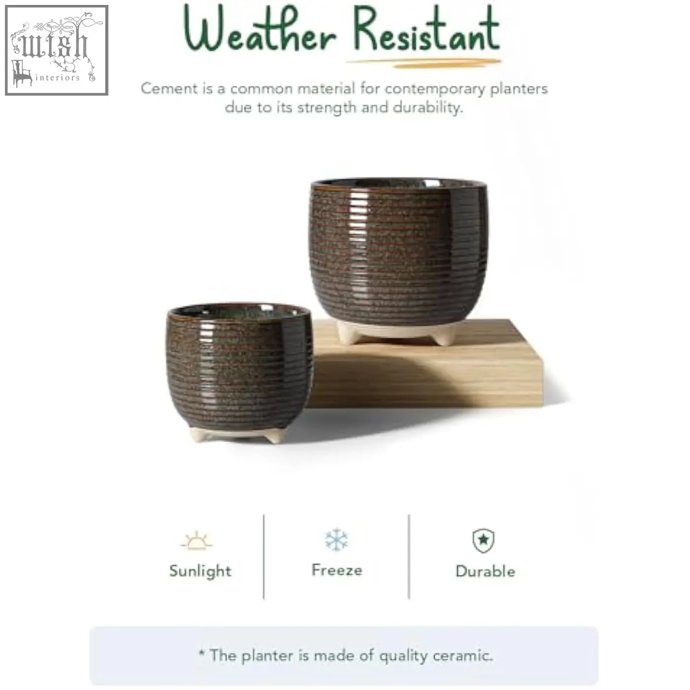 Dark brown ceramic plant pots with textured ribbed design and small white feet perfect for indoor plants