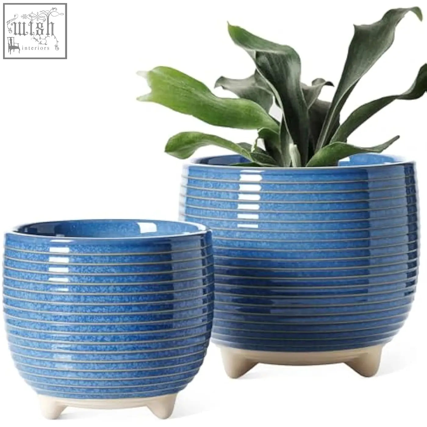 Blue ceramic plant pots with horizontal ridges and beige feet featuring silicon plug for indoor plants and drainage