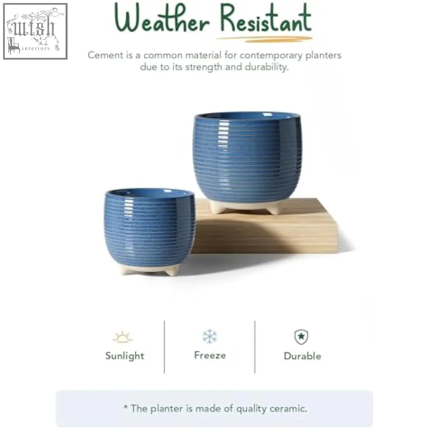 Blue ceramic plant pots with horizontal ridges and white bases featuring silicon plug for indoor use