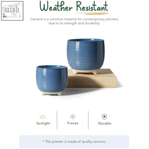 Blue ceramic plant pots with horizontal ridges and white bases featuring silicon plug for indoor use