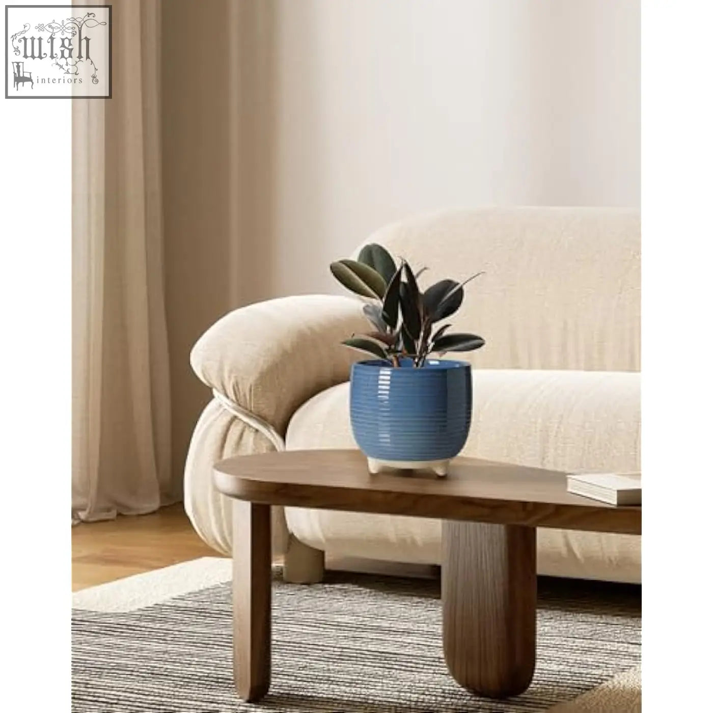 Blue ribbed ceramic plant pot with small white feet and silicon plug holding dark-leaved plant for indoor use