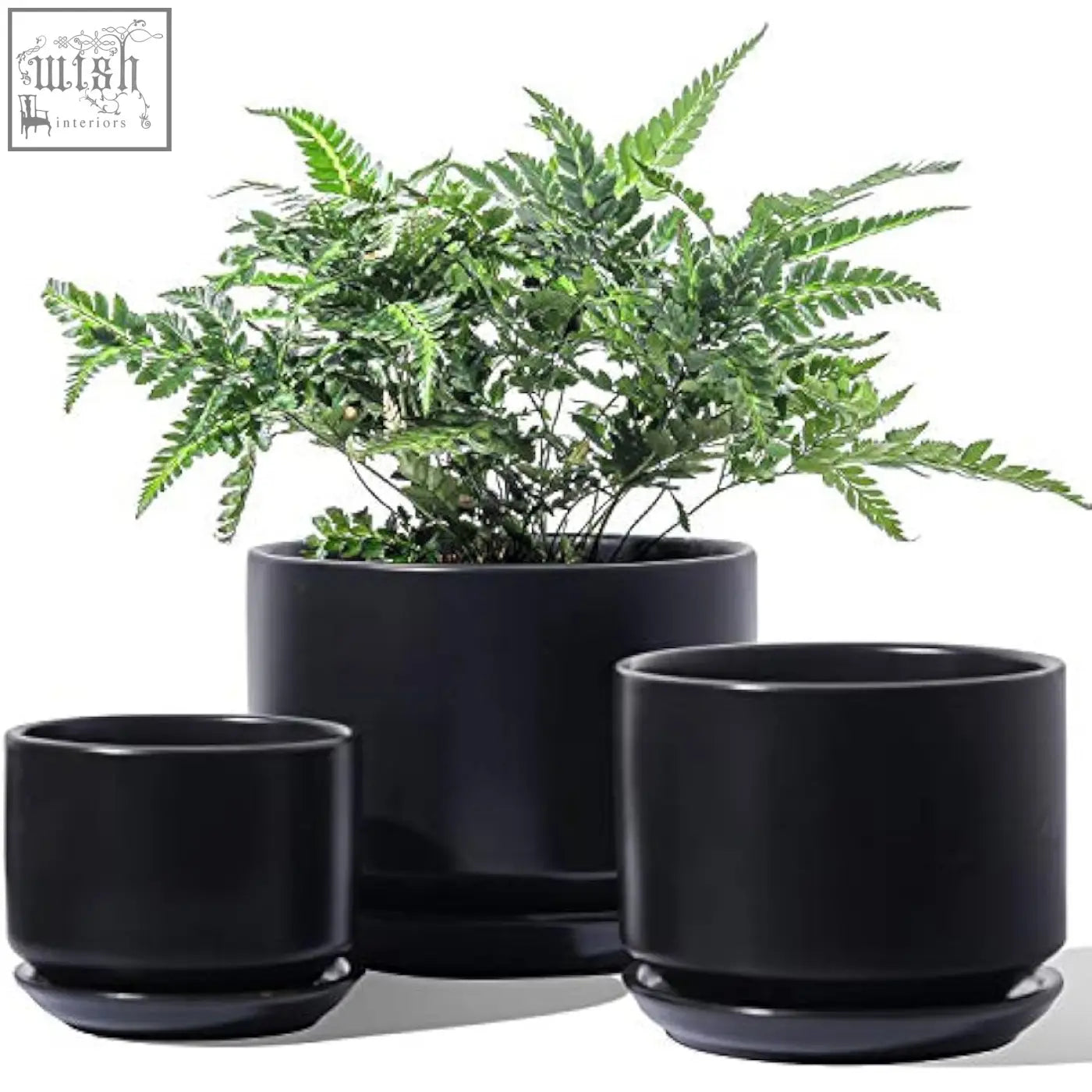 Set of three sleek black ceramic planters with mesh pads and drainage holes perfect for indoor use and gifts