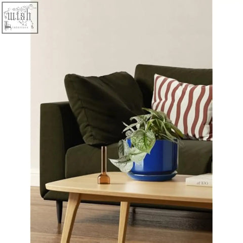 Blue ceramic planter from le tauci set with drainage hole and saucer in sapphire blue for indoor plants