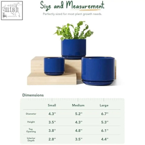 Set of three sapphire blue ceramic planters with drainage holes and matching saucers for indoor plants
