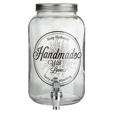 Clear glass drinks dispenser lea glass with silver metal lid spigot and handmade with love label 3500ml capacity