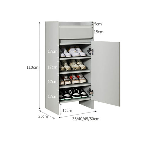 Gray metal leach shoe storage with five shelves and a small drawer for organized shoe storage
