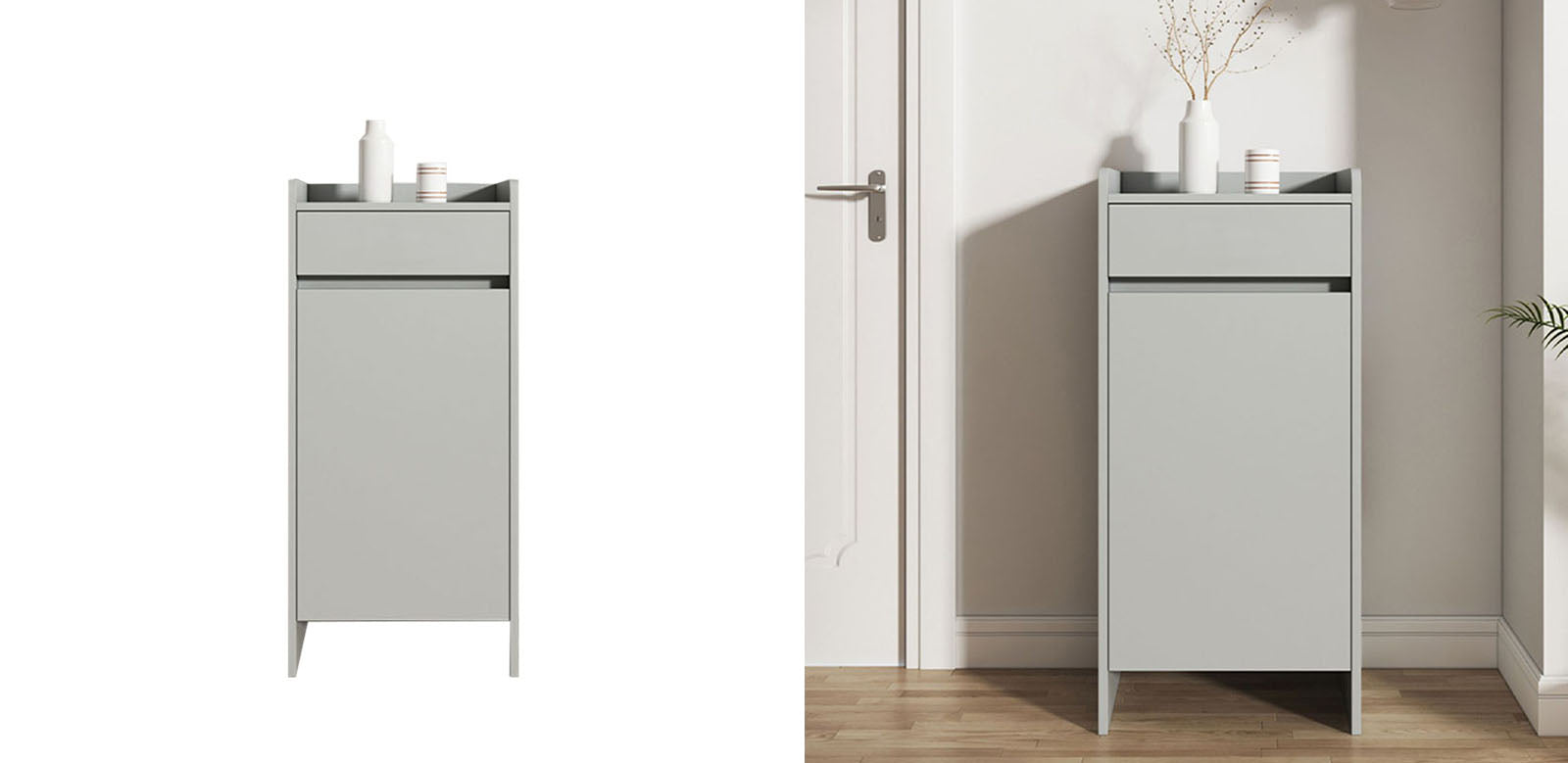 Minimalist gray metal leach shoe storage cabinet with small drawer and door topped with white bottles on flat surface