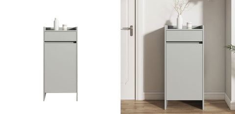 Minimalist gray metal leach shoe storage cabinet with small drawer and door topped with white bottles on flat surface