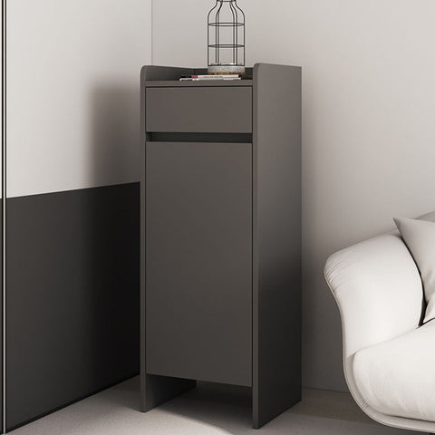Modern gray minimalist leach shoe storage cabinet with one drawer and one door featuring clean matte finish