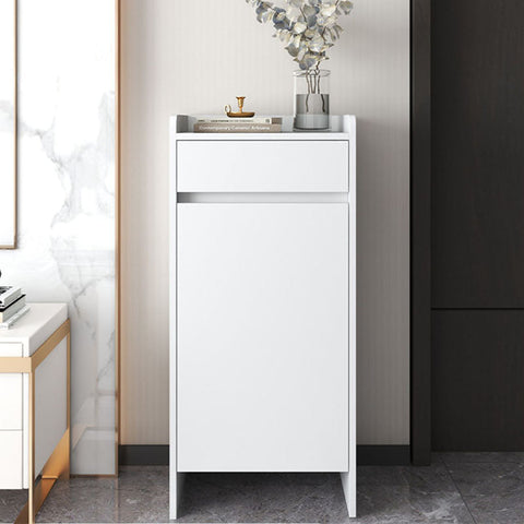 White minimalist leach shoe storage cabinet with small drawer sleek modern design and smooth finish for shoe storage