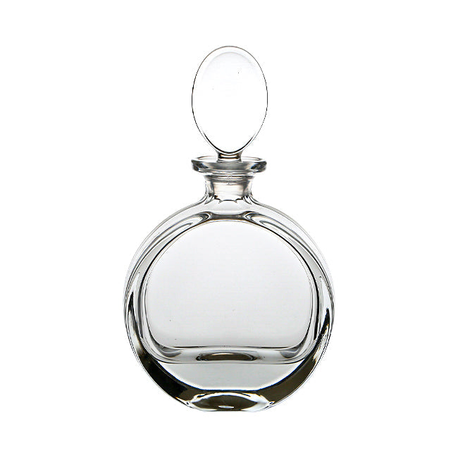 Clear glass lead crystal round spirit decanter with a rounded oval-shaped stopper for elegant liquor storage