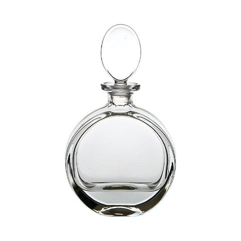 Clear glass lead crystal round spirit decanter with a rounded oval-shaped stopper for elegant liquor storage