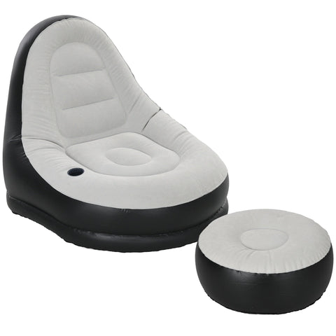 Outsunny Inflatable Sofa Chair and Foot Stool Set with Cup Holder, for Gaming, Reading and Movie Watching, Grey