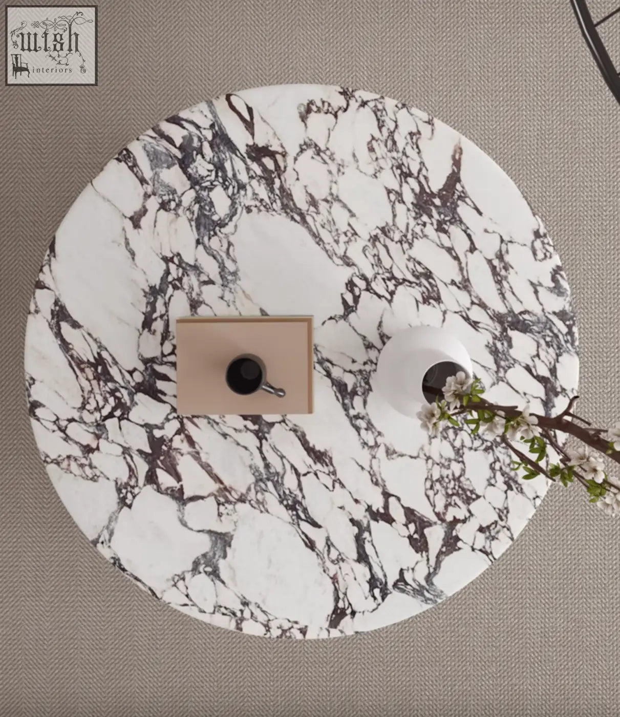 Leanna coffee table with round white and black marble top perfect as a stylish round coffee table