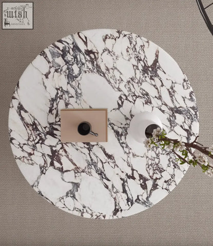 Leanna coffee table with round white and black marble top perfect as a stylish round coffee table