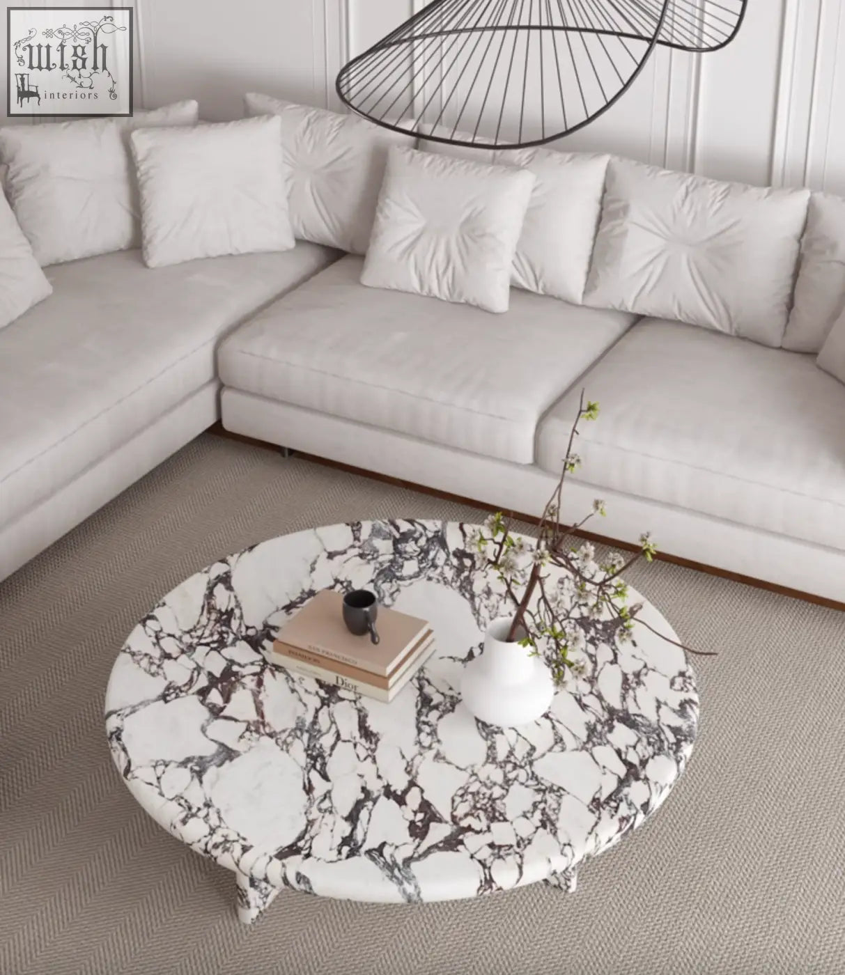 Leanna coffee table round coffee table with white and black marble top and slender legs for stylish living rooms