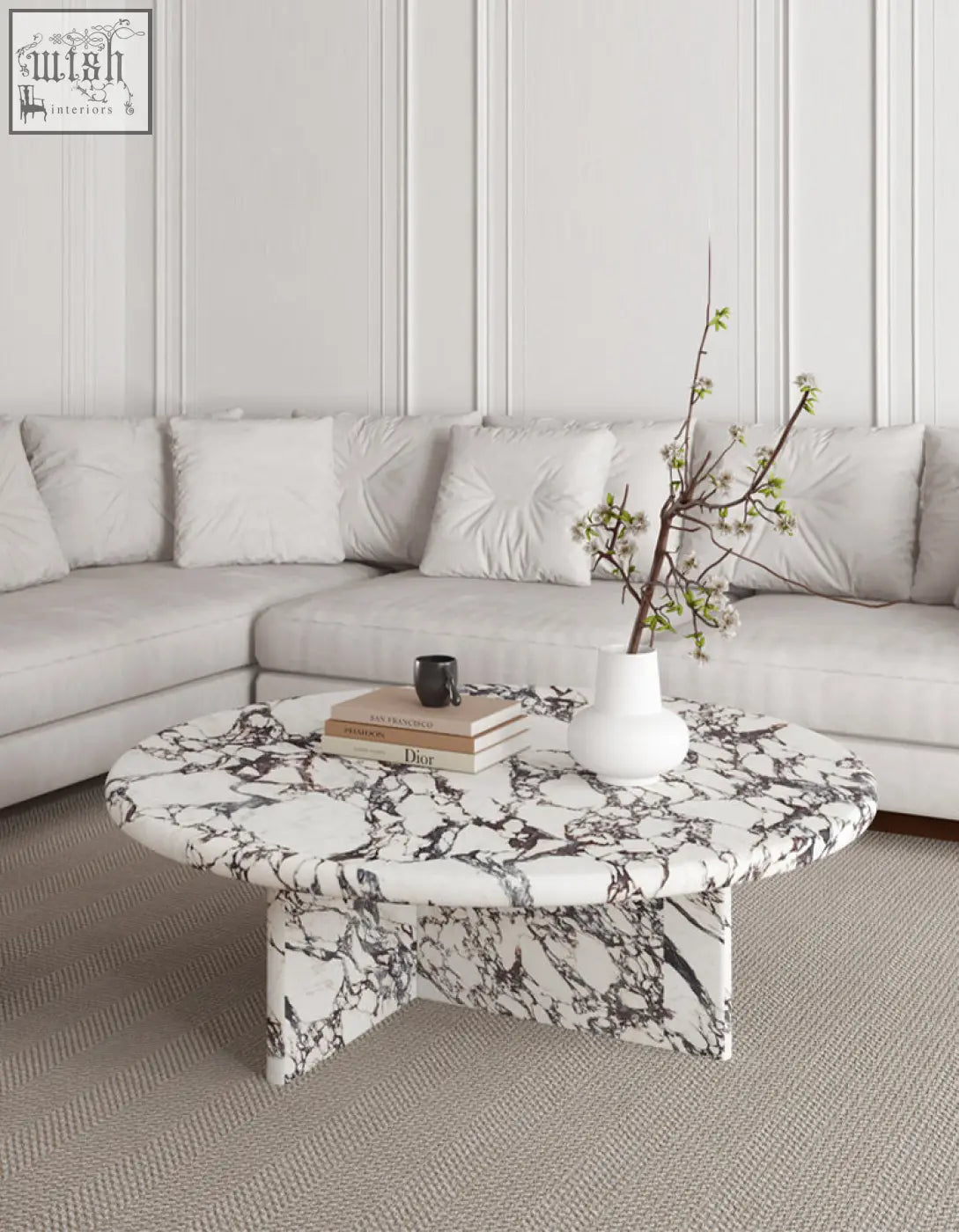 Leanna coffee table sleek oval round coffee table with white and black marble top and matching pedestal base