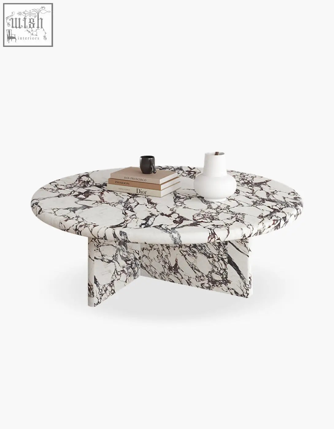 Leanna coffee table with sleek oval white and black marble top and matching sculpted legs perfect as a round coffee table