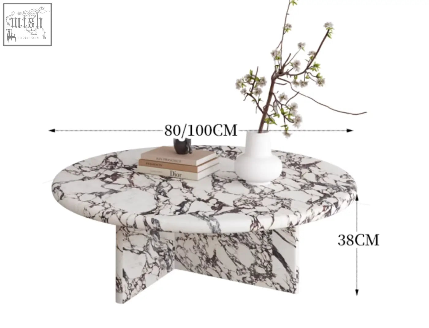 Leanna coffee table with sleek round design featuring a white and black marble patterned top and pedestal base