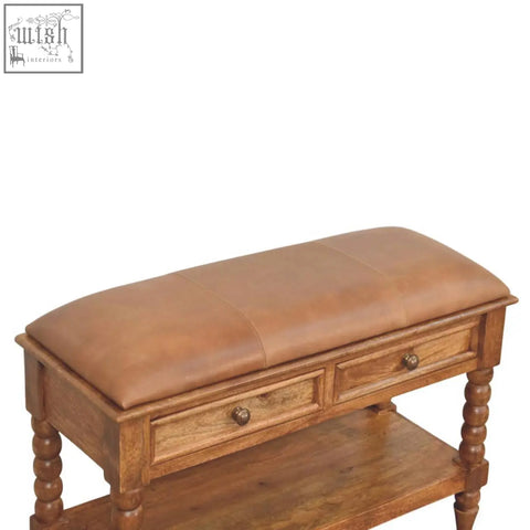 Brown leather spindle bench with wooden base, turned legs, and two drawers for stylish storage seating