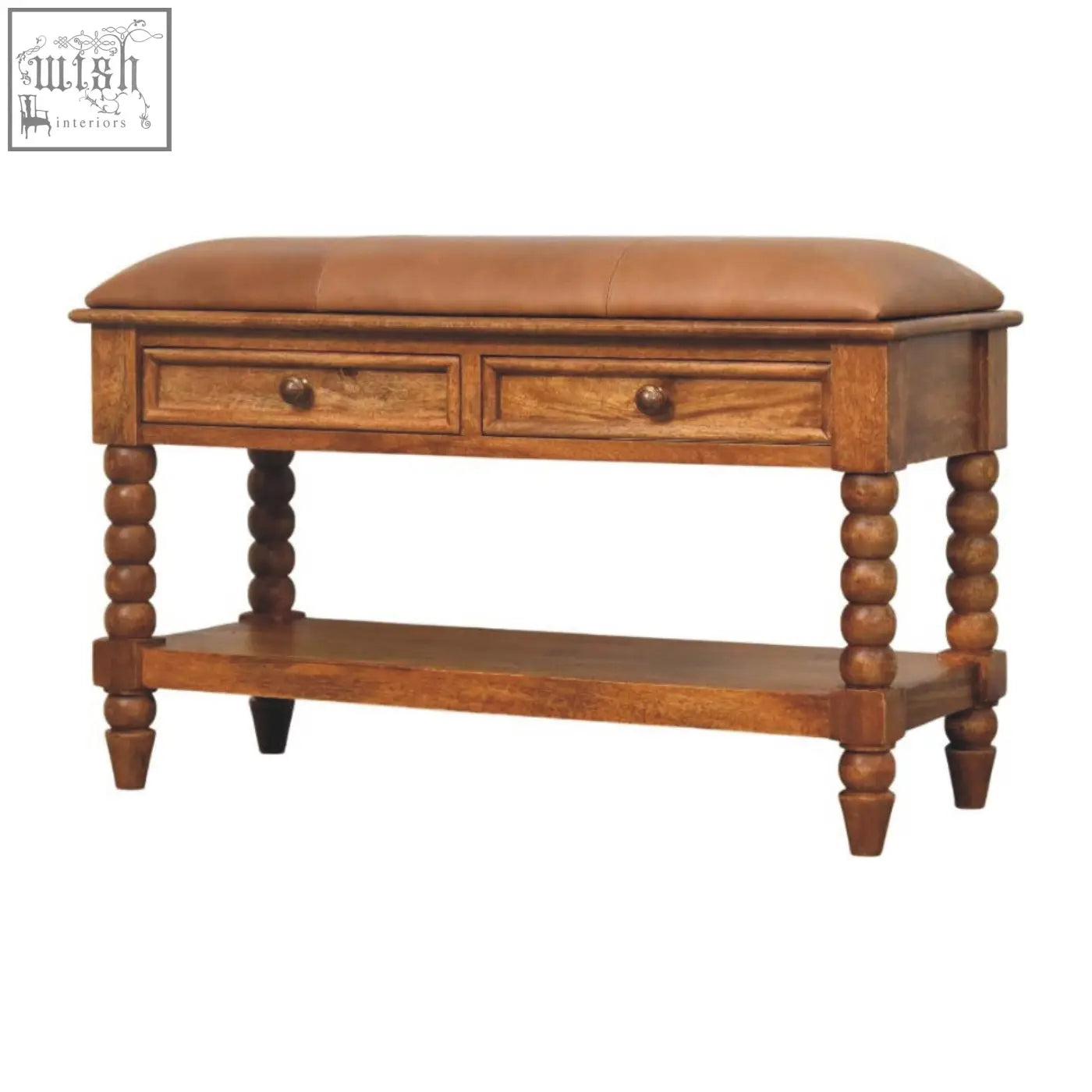 Brown leather spindle bench with wooden top, two drawers, and turned spool legs for seating and storage