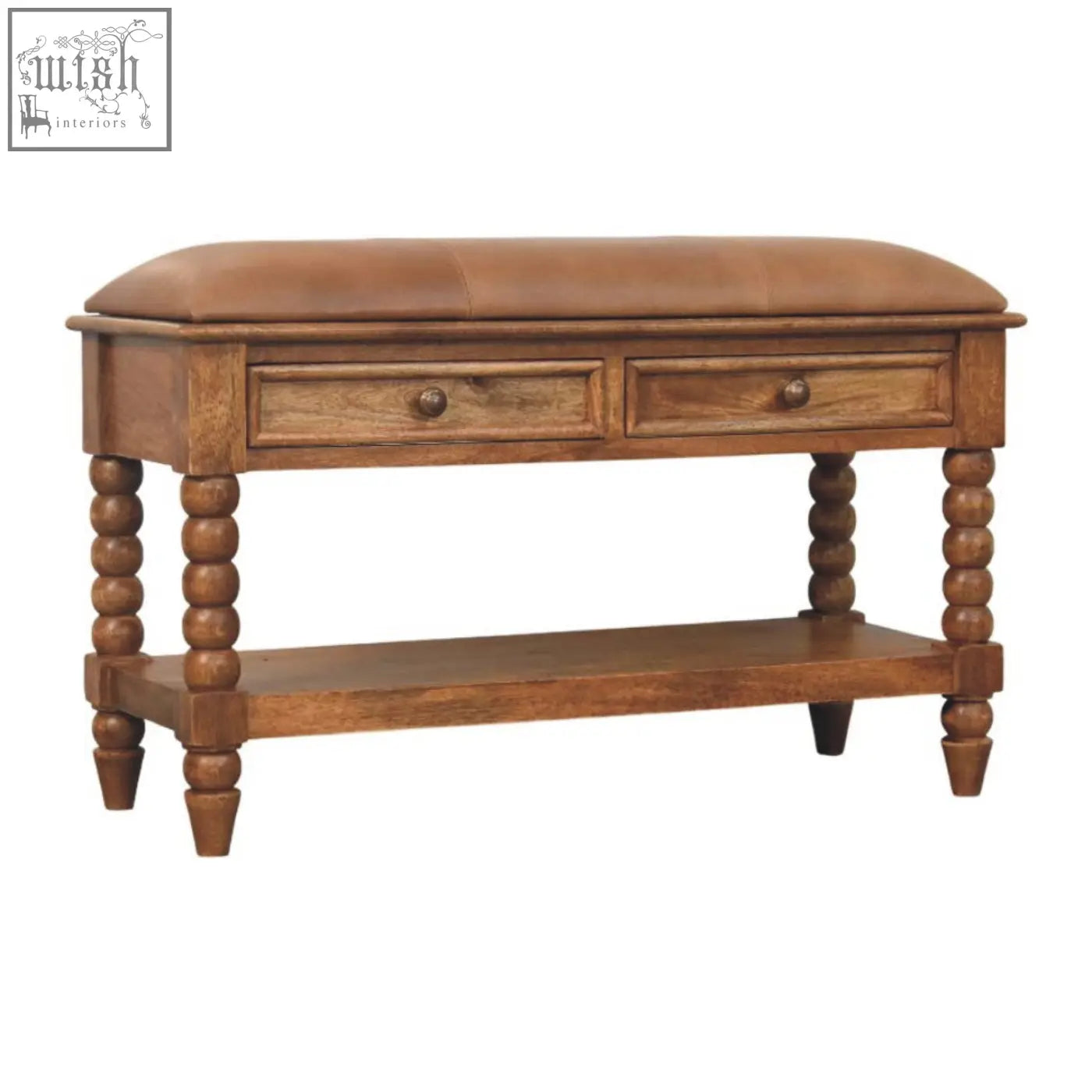 Brown leather spindle bench with padded seat two drawers and turned legs for stylish seating and storage
