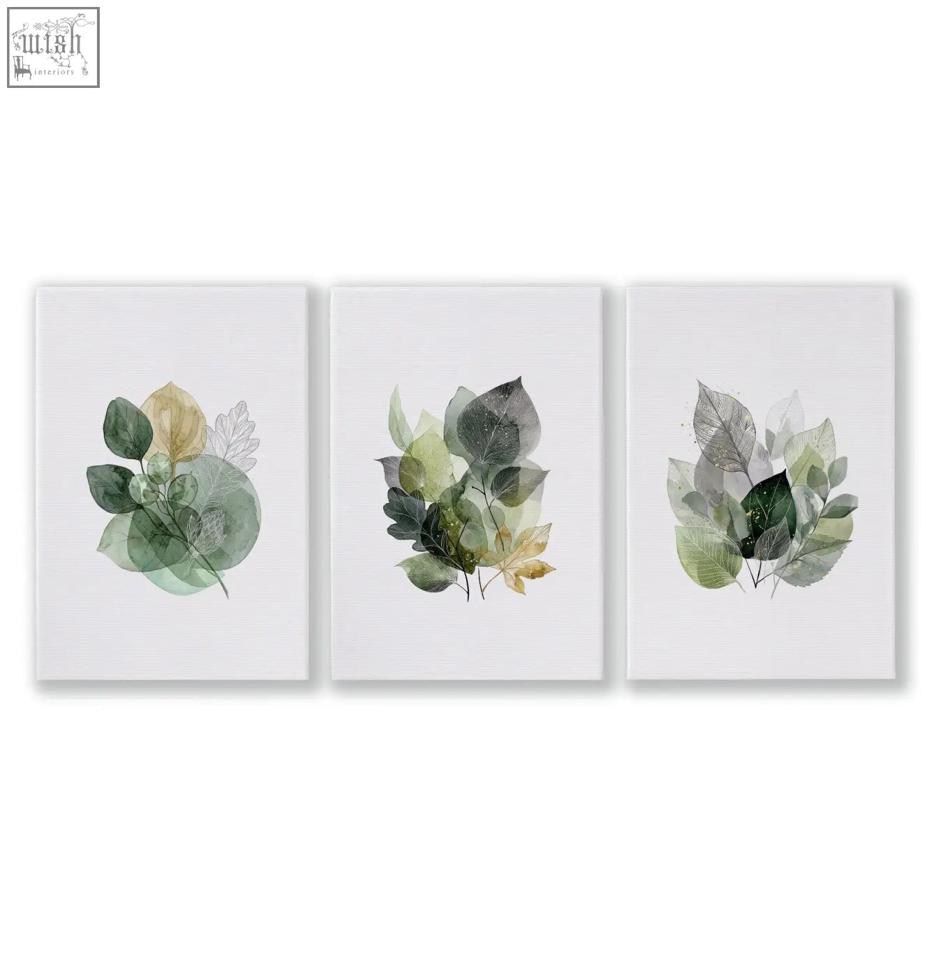 Set of three botanical wall art prints featuring green and gold layered leaves artwork on white canvas backgrounds