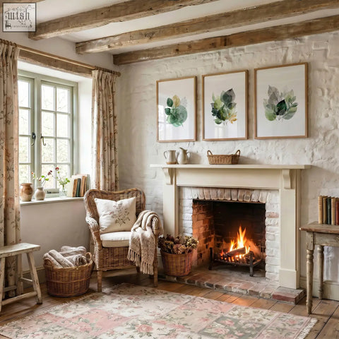 White fireplace mantel with warm gold-toned fire and three leaves print framed botanical green and gold-tone wall art