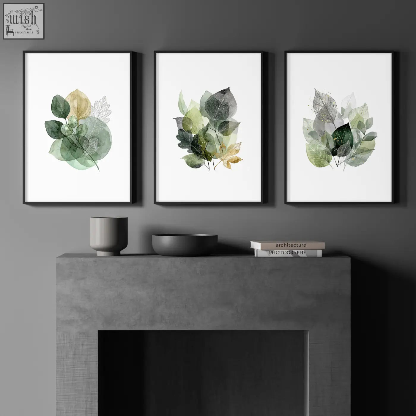 Three prints of leaves print botanical wall art in muted greens and warm gold-toned watercolor style