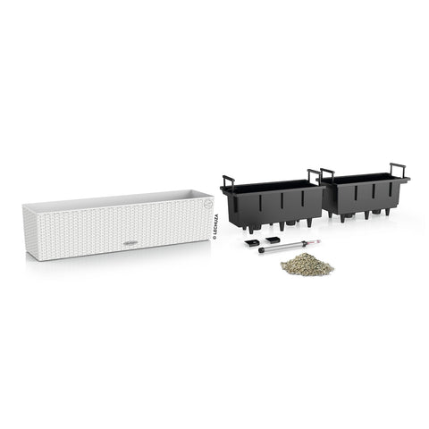 White woven lechuza balconera cottage watering planter plastic with black trays for indoor outdoor use