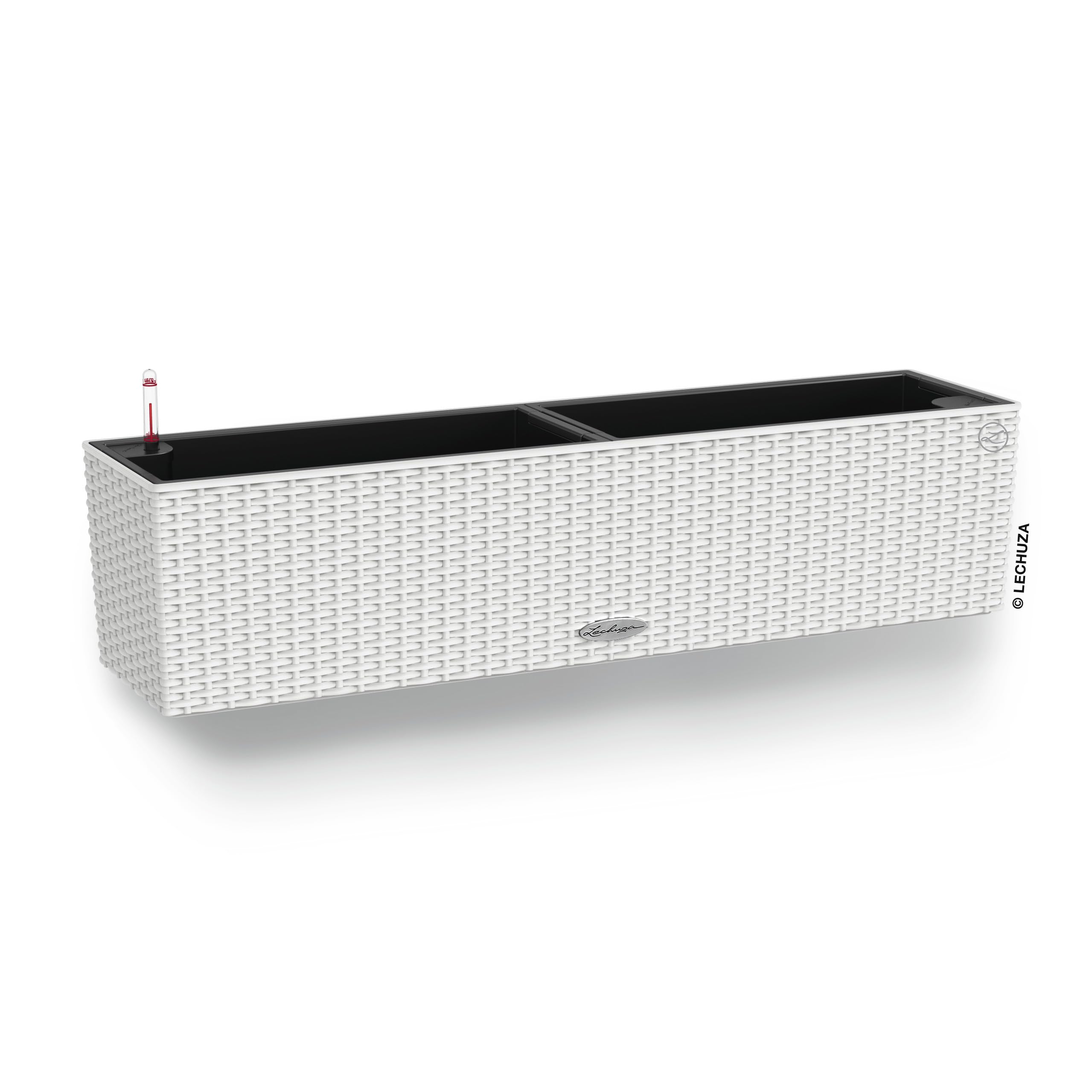 White woven plastic lechuza balconera cottage planter plastic indoor with black interior and red-tipped watering tube