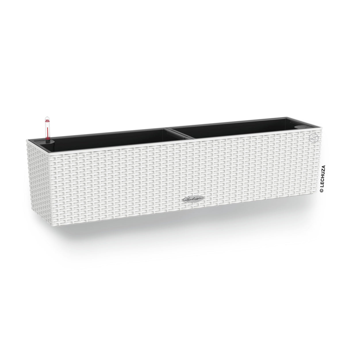 White woven plastic lechuza balconera cottage planter plastic indoor with black interior and red-tipped watering tube