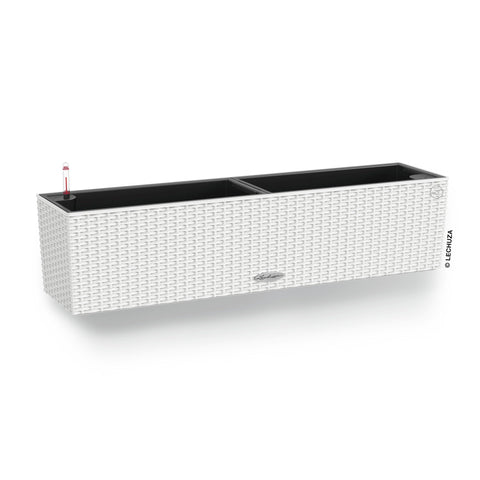 White woven plastic lechuza balconera cottage planter plastic indoor with black interior and red-tipped watering tube