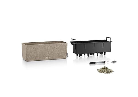 Tan textured lechuza balconera stone watering planter plastic with black insert and water level indicator tools