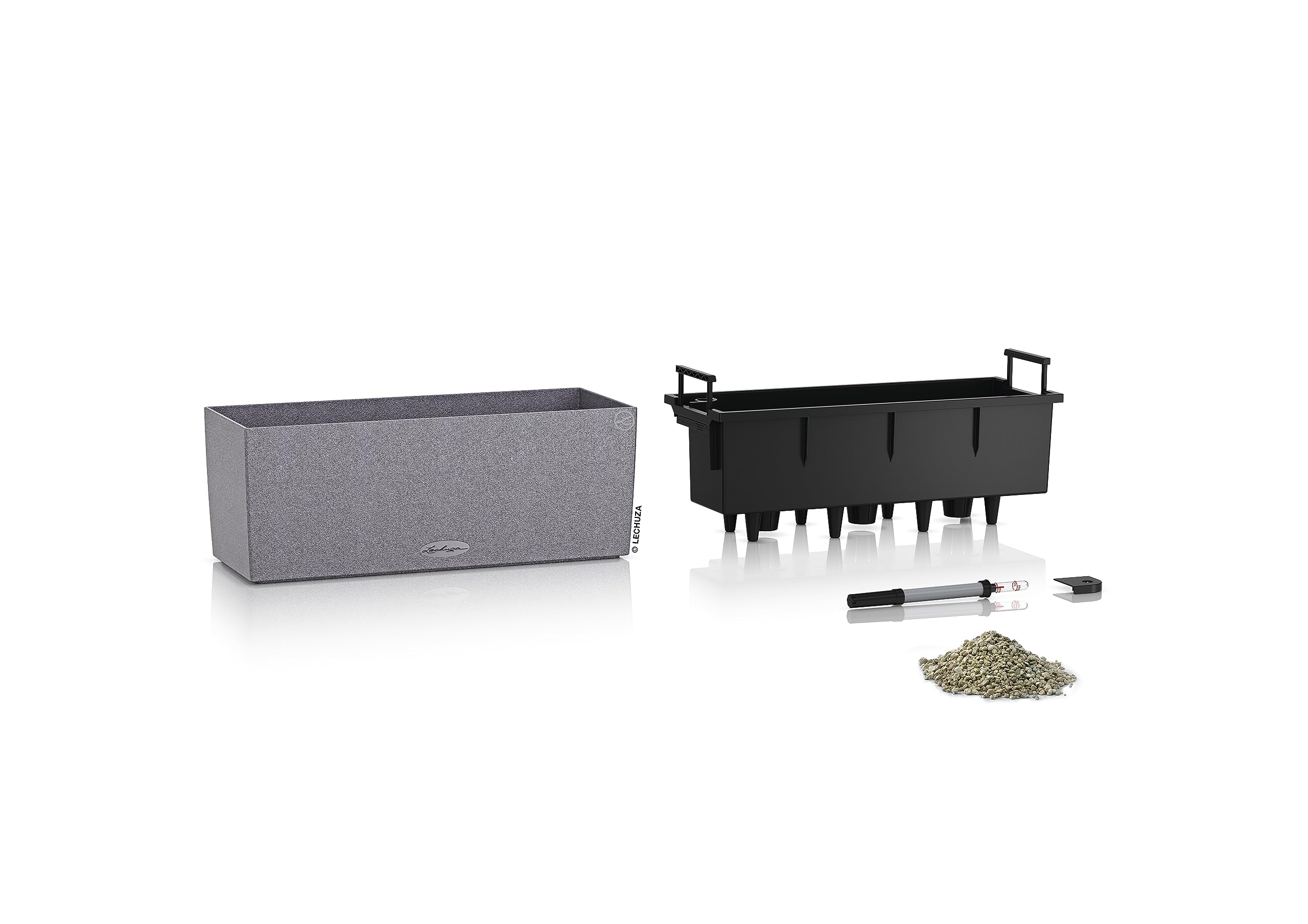 Gray textured lechuza balconera stone watering planter plastic with black insert and drainage for indoor/outdoor use
