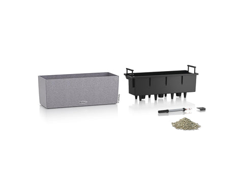 Gray textured lechuza balconera stone watering planter plastic with black insert and drainage for indoor/outdoor use