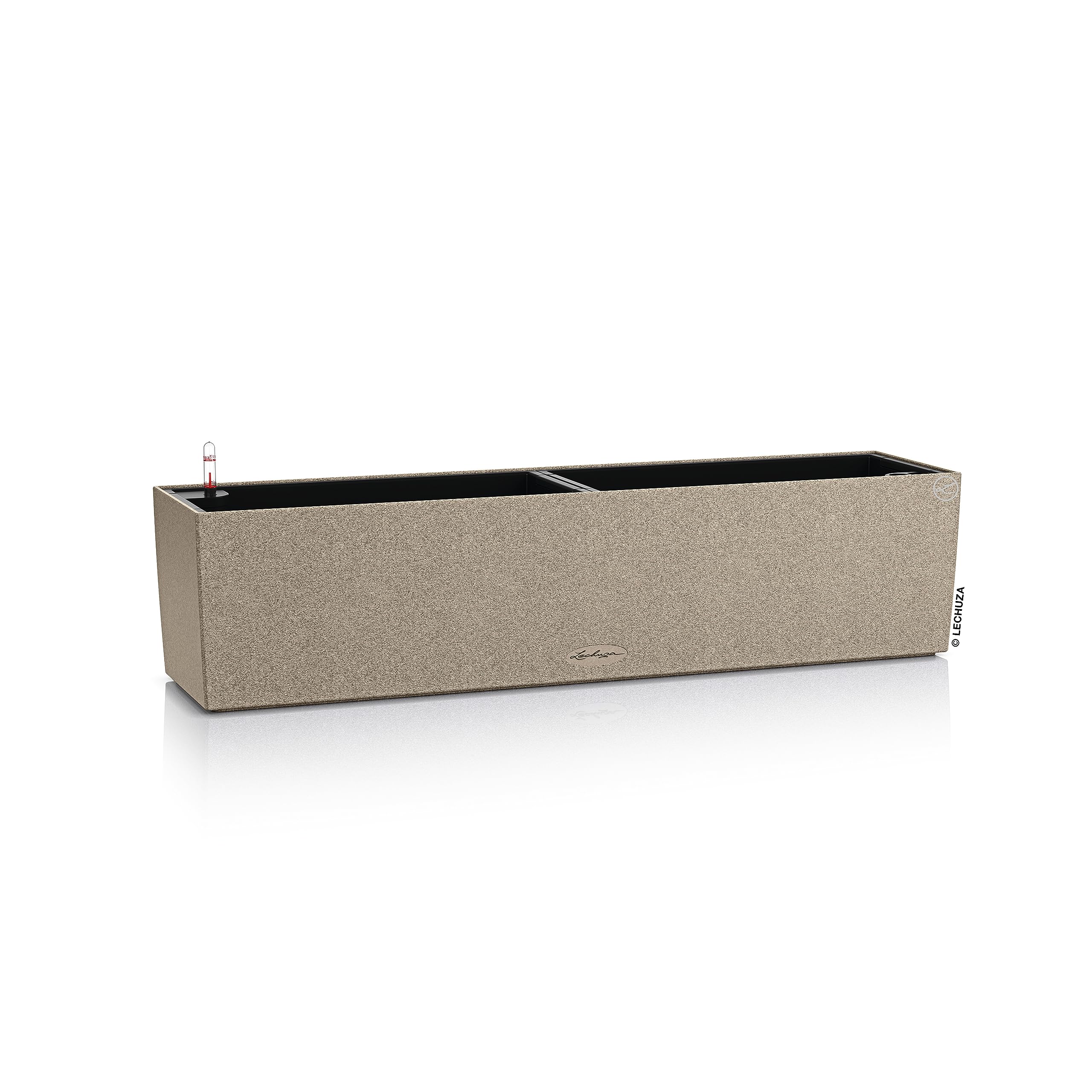 Beige textured lechuza balconera stone watering planter plastic indoor with black interior and red white watering tube