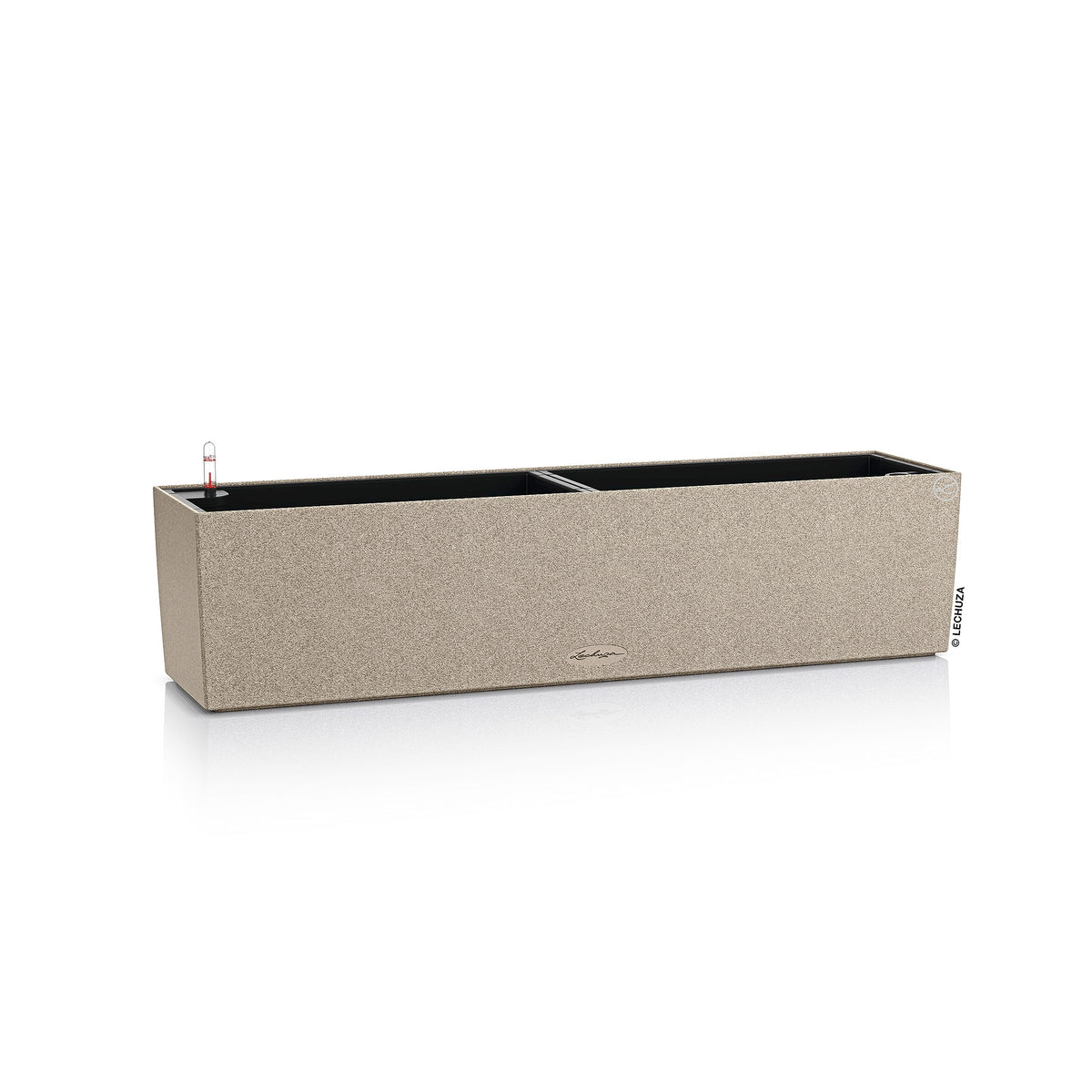 Beige textured lechuza balconera stone watering planter plastic indoor with black interior and red white watering tube