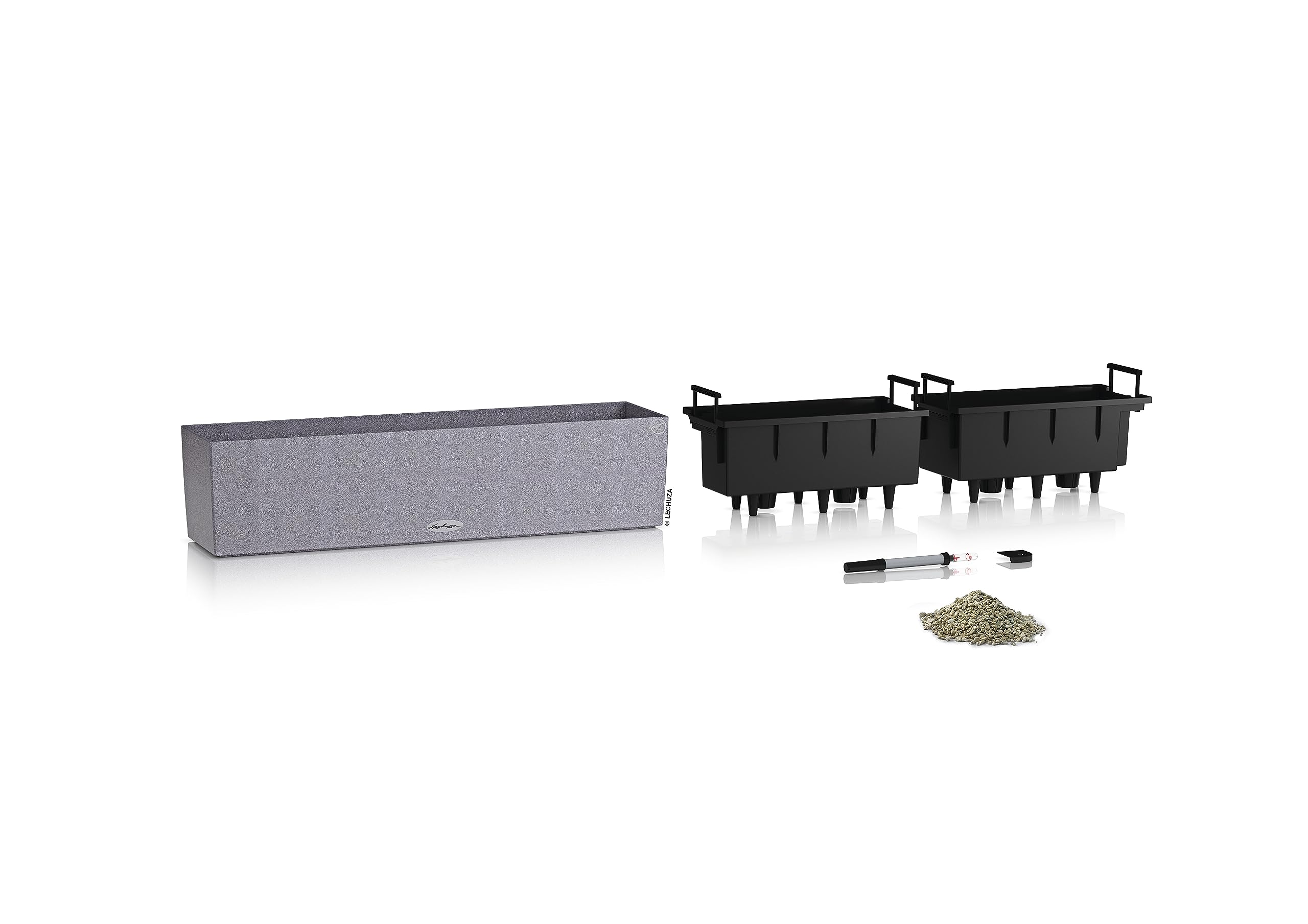 Gray textured lechuza balconera stone watering planter plastic with black modular inserts for indoor outdoor use