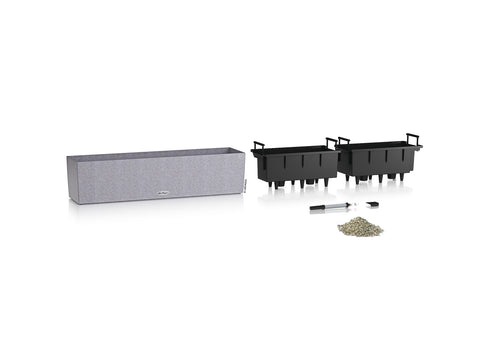 Gray textured lechuza balconera stone watering planter plastic with black modular inserts for indoor outdoor use