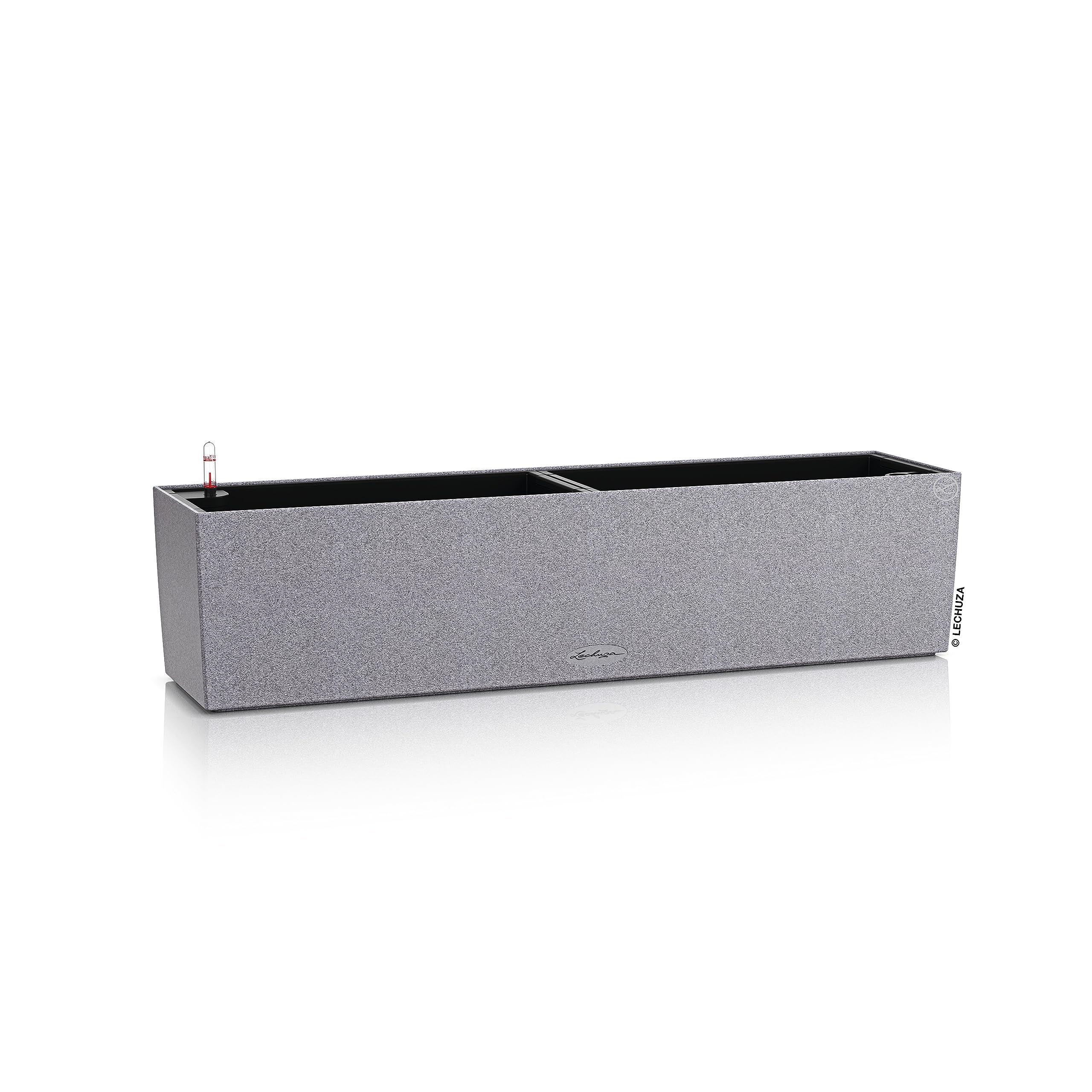 Gray textured rectangular lechuza balconera stone watering planter plastic with two compartments and black interior for indoor use
