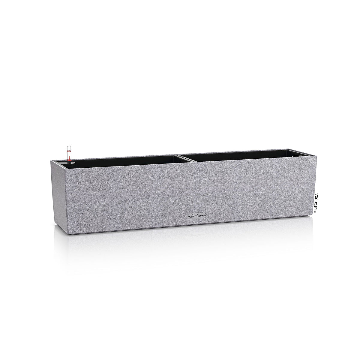 Gray textured rectangular lechuza balconera stone watering planter plastic with two compartments and black interior for indoor use