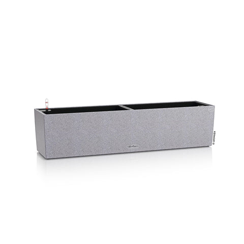 Gray textured rectangular lechuza balconera stone watering planter plastic with two compartments and black interior for indoor use