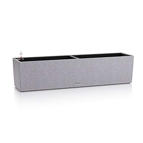 Silver textured rectangular lechuza balconera stone watering planter plastic with black interior and red watering device