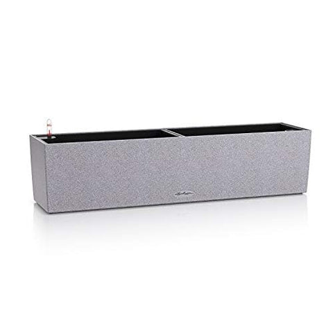 Silver textured rectangular lechuza balconera stone watering planter plastic with black interior and red watering device