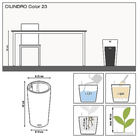 Lechuza cilindro color 23 sleek dark gray plastic plant pot with water reservoir and water level for indoor and outdoor use