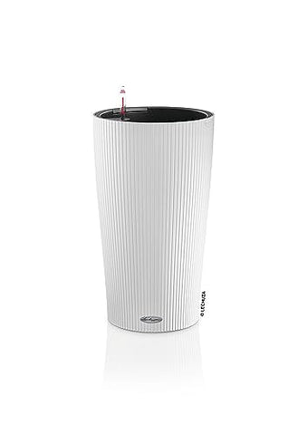 White lechuza cilindro color 32 ribbed plastic planter with black interior and red tipped water level indicator on top