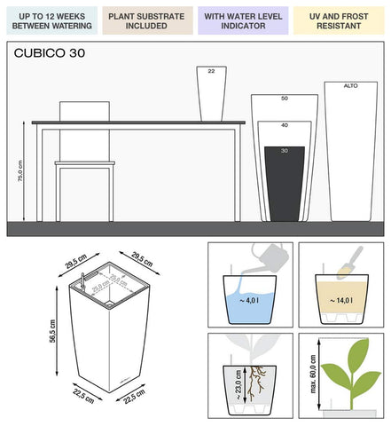 Lechuza cubico 30 watering planter garden plastic with transparent water level indicator charcoal metallic finish